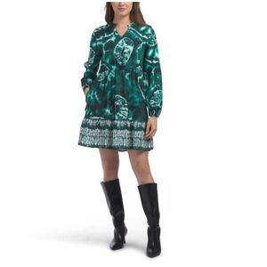 Garrie B Long Sleeve Mixed Print Emerald Green Mini Dress Size XS NWT